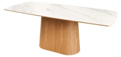 Image de Table de salle à manger LUMEA – Rectangulaire 200 cm – Plateau céramique effet marbre blanc et pied aspect bois clair