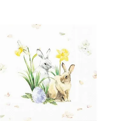 Produktbild von 20 kleine Cocktailservietten World of Easter - Kleine Hasen an Frühlingsblumen 25x25cm
