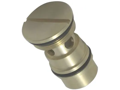 A brass plumbing fitting with a slotted screw head and two black O-rings, isolated on a white background.