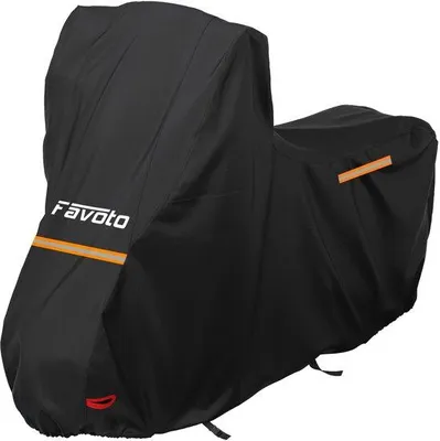Zdjęcie produktu dla Wodoodporny pokrowiec na motocykl z tkaniny Oxford 210D, czarny, z paskami odblaskowymi, 245 x 105 x 160 cm