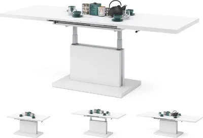 A white adjustable coffee table is shown in various configurations with decorative items on top. Three smaller images below show the table at different sizes.