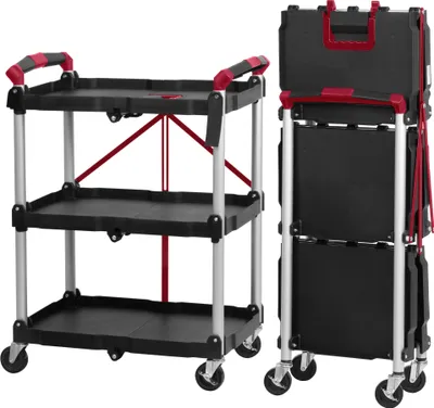 A product shot of a foldable serving cart in both its open and folded states, presented against a white background.