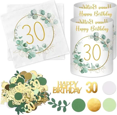 Produktbild von 30. Geburtstag Deko Set: Servietten, Windlichter, Konfetti - Grün Eukalyptus - Tischdeko Frau Mann