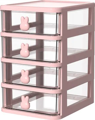 Produktbild von Schreibtisch-Aufbewahrungsbox, mehrstufig, transparent, aus Kunststoff, großes Fassungsvermögen, Hasengriff, kleine Schublade, Organizer für Bücher, Stifte, Büro, Rosa, 4-stufig (13,4 x 17 x 21 cm)