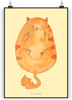 Produktbild von Mr. & Mrs. Panda Bild Katze Mittelfinger DIN A3 - Gelb Pastell - Geschenk, drucke, Cat, Kunstdruck, Plakat, wanddeko, Wandbild, Genervt, Tiger, Cats, Katzen
