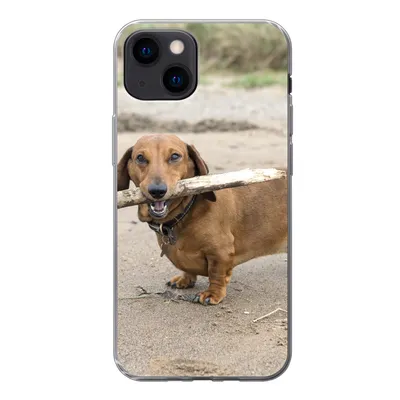 Produktbild von MuchoWow® Handyhülle Schutzhülle Hülle für iPhone 13 mini Ein schöner Dackel mit einem Stock im Maul Silikon Softcase Handy Hülle - Softcase