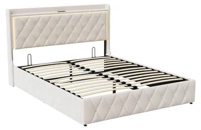 Image de Lit avec rangement - Lit tapissé 140 x 190 cm - Lit double - Sommier à lattes avec système hydraulique - Structure en bois - Sans matelas - Beige
