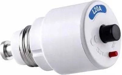 A white electrical fuse with a black knob and a red indicator light.