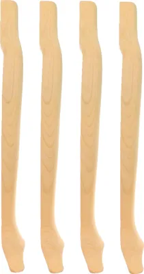 Four wooden table legs are arranged vertically against a white background.