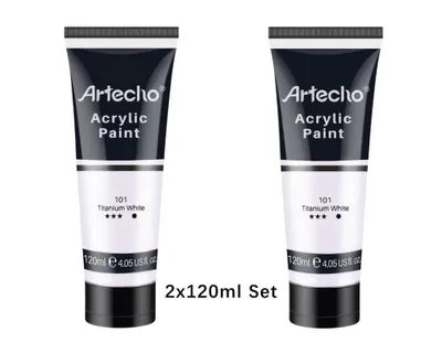 Produktbild von Artecho Acrylfarbe 2 x 120 ml in Titanweiß – Hochpigmentierte, lichtechte & schnell trocknende Künstlerfarbe – für Leinwand, Holz, Stein, Glas uvm.
