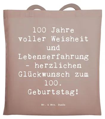 Produktbild von Mr. & Mrs. Panda Tote Bag Spruch 100. Geburtstag - Braun Pastell - Geschenk, 100 Jahre, einzigartig, Handgefertigt, Beutel, canvas tasche, Jubiläum, Feiern, Laptoptasche