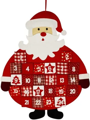 A Christmas advent calendar shaped like Santa Claus with numbered pockets.