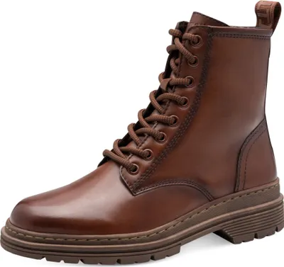 A single brown leather boot is shown against a white background.