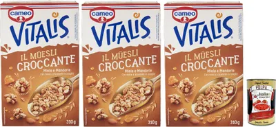 Produktbild von Cameo Vitalis Miele e Mandorle, Müsli knusprige getrocknete Honig und Mandeln Hafer Mandeln Anacardi Haselnüsse und Pekannusswalnüsse, 3x 310 g + Italian Gourmet polpa 400g