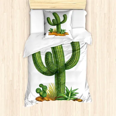 Produktbild von ABAKUHAUS Kaktus Bettbezug Set, Trockenpflanze Flora Saguaro Pflanze Sukkulente Illustration Südamerika Mexiko, 135 x 200 cm + 80 x 80 cm, Grün Pale Caramel