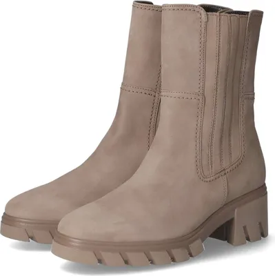 A pair of gray Chelsea boots with a chunky sole and heel, shown from a front-side angle against a white background.