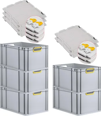 Produktbild von SuperSparSet 5x Eurobox NextGen Color mit Scharnierdeckel und Schiebeschnappverschlüssen | HxBxT 32x40x60cm | 65 Liter | Grau | Griffe gelb offen | Verstärkter Boden | Eurobehälter, Transportbox, Transportbehälter, Stapelbehälter