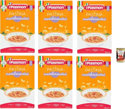 Produktbild von 6x Plasmon Maccheroncini Pastina Infanzia Svezzamento Dai 10 Mesi 340 Grammi + Italian Gourmet polpa 400g