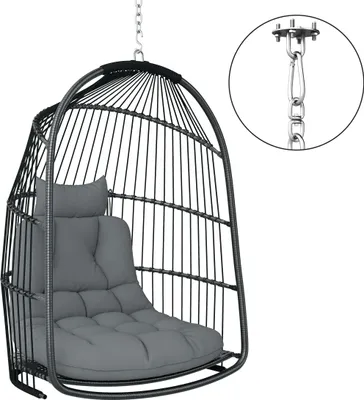 Produktbild von Hängesessel Hängekorb mit Kissen Polyrattan Schaukel Outdoor Indoor faltbar belastbar bis 150kg Dunkelgrau