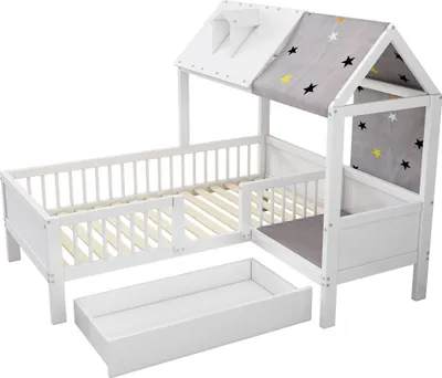 Image de okwish Lit maison 90x200 cm avec tente et tiroirs, lit multifonction pour enfant, blanc, sans matelas