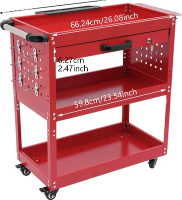 Image de Chariot à roulettes, 3 niveaux, construction robuste en acier, rouge