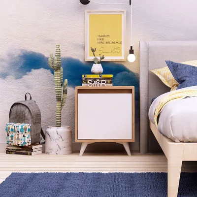 Produktbild von Skye Decor, Hochwertiger Nachttisch, Eiche und Weiß, 45 x 52 x 40 cm | 100% melaminbeschichtete Spanplatte, 18 mm dick | Modernes skandinavisches Design mit zahlreichen Regalen.