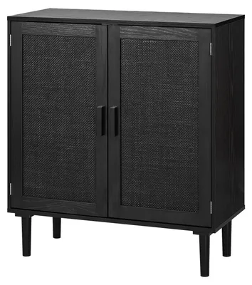 Obrázek produktu pro Komoda VEVOR 80 x 36 x 88 cm, ratanová skříňka se 2 magnetickými dvířky a nastavitelnými policemi, ratanová komoda s dřevěnými nohami a otvorem pro kabely, ideální do chodby, předsíně, obývacího pokoje, černá