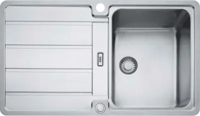 A top-down view of a stainless steel kitchen sink with a drainboard.