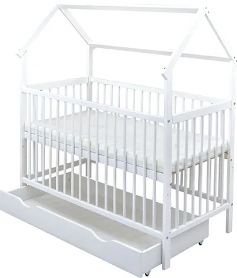 Produktbild von Baby-Delux Hausbett Kinderbett Gitterbett weiß 60x120 Beißschienen Schublade Schutzgitter Matratze Bett Set Traumland Beige