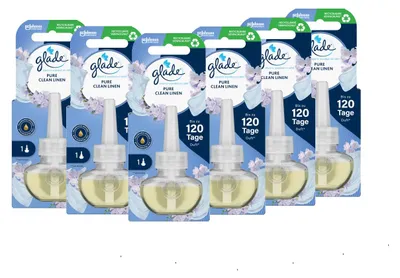 Produktbild von Glade Electric Scented Oil Nachfüller Clean Linen, 20 ml, 6er Pack, frischer Wäscheduft, ideal für saubere und angenehme Raumluft im Alltag