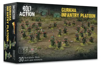 Produktbild von Warlord Games Gurkha Tabletop-Figuren Bausatz, 30 Infanteriefiguren in Dschungeluniformen, bewaffnet