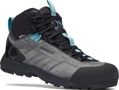 Schwarz-grauer Zustiegsschuh für Damen "Mission Leather Mid WP" von Black Diamond mit blauen Akzenten.