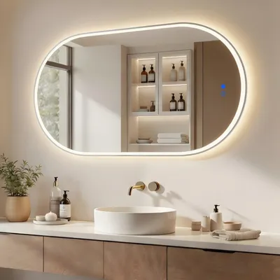 Image de Miroir de salle de bain ARTFORMA LED ovale 50 x 100 cm, argenté, avectactile et traitement anti-buée