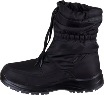 A black winter boot shown from the side against a white background.