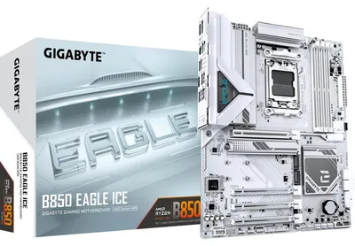 Produktbild von GIGABYTE B850 EAGLE ICE Mainboard – AMD Ryzen 9000 Serien-Prozessoren, 8+2+2 Phasen Digital-VRM, bis zu 8200 MHz DDR5 (O.C), 1 x PCIe 5.0 M.2 + 2 x PCIe 4.0 M.2, 2.5 GbE LAN, USB 3.2 Gen 2