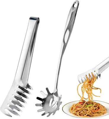 Produktbild von Ibenzoa® Pastatangen-Set: 2x Pasta-Zangen + 1x Spaghettilöffel aus Edelstahl, ergonomisch & spülmaschinenfest – sicheres, effizientes Servieren für Haushalt & Profis