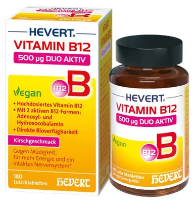 Produktbild von Vitamin B12 Hevert 500 µg Duo Aktiv gegen Müdigkeit, für Energie und ein intaktes Nervensystem, 180 St. Tabletten