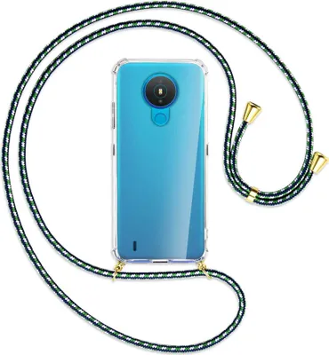 Produktbild von Handykette Backcover-Schutzhülle mit Band (Metall goldfarben) für Nokia 1.4 - grün/blau/weiß