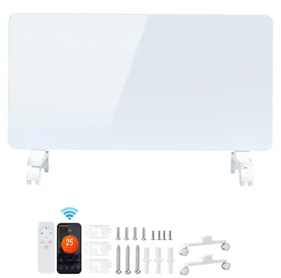 Productafbeelding van Ikodm glazen convectorverwarming, 2000W, wit, met WiFi (Tuya Smart), afstandsbediening, thermostaat (5–50 °C), geschikt voor wandmontage of met wielen, IP24