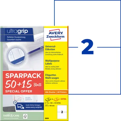 Produktbild von Avery Zweckform 6604, Universal-Etiketten, A4, Qualitätsdruck mit: ultragrip, 210 x 148 mm, 130 Etiketten / 65 Bögen, weiß