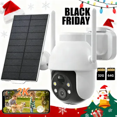 Image de 2K caméra de surveillance extérieure solaire 360° PTZ caméra extérieure batterie 2.4GHz sans fil avec PIR détecteur de mouvement couleur vision nocturne 2 voies audio avec carte 32G&64G