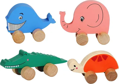 Productafbeelding van Houten auto's voor peuters - Dieren op wielen - Sensorisch grijpmotoriekspeelgoed - Push and Go First Trucks voor baby's vanaf 12 maanden