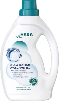 Produktbild von HAKA Weiße Textilien Waschmittel 1l mit Knitterschutz & ohne Aluminium