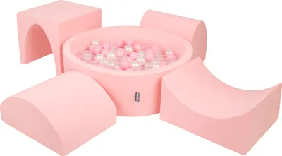 Produktbild von KiddyMoon spielplatz aus schaumstoff mit rund bällebad (300 bälle) ballgruben für babys spielbad hindernisläufen, hergestellt in der eu, pink:puderrosa/perle/transparent
