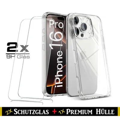 Produktbild von Für iPhone 16 Pro ( 6.3" ) Transparent Silikon Handy Schutz Hülle + 2 Stück Panzerglas 9H , HD Schutzglas