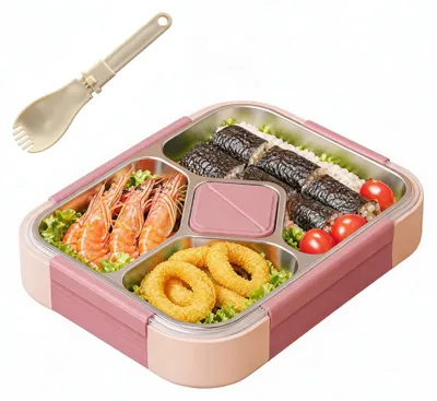 Edelstahl-Bento-Box, 1020 ml, 4 Fächer, lekvrij, rosa