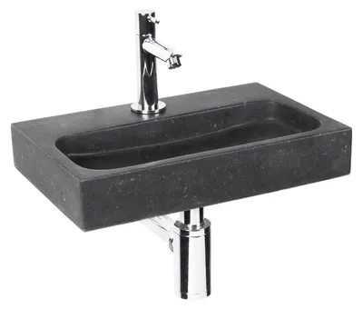 Productafbeelding van Differnz Flat Small Fonteinset - Natuursteen Wasbak - Inclusief Koudwaterkraan, Afvoerplug En Sifon - Kraan Recht Uitgevoerd In Chroom - Afmetingen 38 x 24 x 7 cm - Kleur Zwart