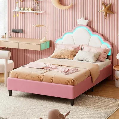 Imagen del producto de Cama tapizada para niños, 90x200 cm, cama para niñas con diseño de princesa y luces LED, cabecero ajustable en altura, estructura de cama individual con somier, ideal para dormitorios o habitaciones juveniles, tapizada en tela de terciopelo, color rosa