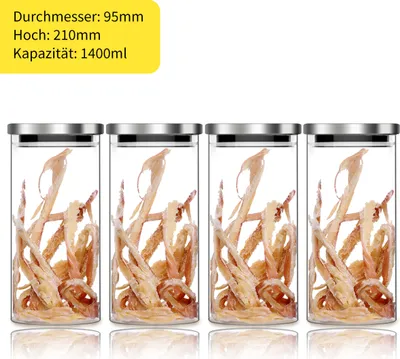 Produktbild von 4er Set Vorratsglas 1,4 Liter Glas mit Edelstahl-Deckel Vorratsdosen, Vorratsgläser Glas Schraubglas Lebensmittelglas Edelstahldeckel mit Schraubverschluss