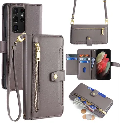 Produktbild von Handykette Samsung Hülle mit Band Handyhülle Kartenfächer Kunstleder Umhängetasche Galaxy S21 Ultra Grau